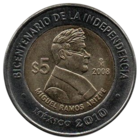 МЕКСИКАНСКИЕ СОЕДИНЁННЫЕ ШТАТЫ. 5 ПЕСО 2008. Мигель Рамос Ариспе. Двухсотлетие независимости. БИМЕТАЛЛ