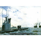 Почтовая карточка "Подводная лодка "Волк" останавливает германский пароход. Май 1916 года"