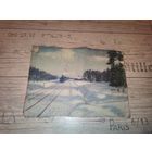 Старинный холст "Зимний пейзаж с паровозом", размер 35*25 см.