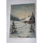 Картина маслом на холсте "Зимний пейзаж", на деревянной основе.