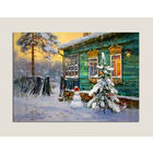 Открытка. Зима. Снеговик. Вечер. Деревня. Домик. Ёлочка в снегу. (чистая)