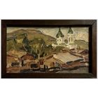 Кубарев В.Г "Пейзаж с храмом", 1973г. ДВП, масло. Размер 20х33 см.