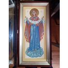 Рукописная икона с китом "Покров Богородицы",  левкас яичная темпера, золочение, 62х31см с киотом, 52х23см б/киота.