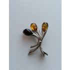 Брошь серебро 925 пробы, янтарь, торги с Рубля