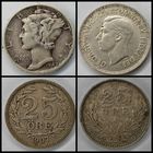 Монета 1 дайм 1942 (10 центов). 6 пенсов 1951. 25 эре 1907. 25 эре 1918. Одним лотом 4 монеты. С рубля