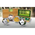 Китай 4х10 юаней 2018г: "Панда 2018 Prestige Set". Монеты в капсулах; шикарном деревянном подарочном футляре; сертификат. СЕРЕБРО 4х30гр.