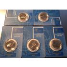 Набор 2 рубля (5 шт.). История белорусской железной дороги.( Гісторыя беларускай чыгункі. Цягнікі Поезда.) Паровоз Электровоз Электропоезд Тепловоз Дизель-поезд