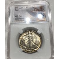 С рубля без мц! 50 центов 1942 США MS 64 шагайка серебро