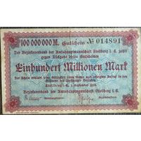 Германия 100 миллионов марок 1923 г Штольберг (Stolberg) 4892.h. Рис. красно-фиолетовый. Фон голубой