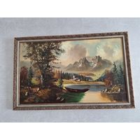 Большая картина, холст масло подпись автора - природа живопись пейзаж храм монастырь и горы