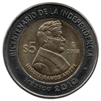 МЕКСИКАНСКИЕ СОЕДИНЁННЫЕ ШТАТЫ. 5 ПЕСО 2008. Мигель Рамос Ариспе. Двухсотлетие независимости. БИМЕТАЛЛ