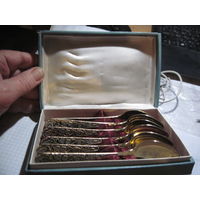 Советский набор чайных ложек(6 шт, 14 см) 875 пробы с позолотой и эмалями в футляре.