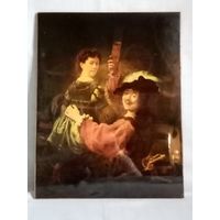 Рембрандт Автопортрет с Саскией на коленях 34х43 см репродукция на фанере под лаком СССР