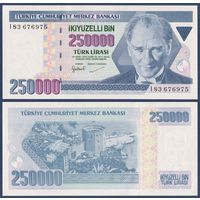 Турция, 250000 лир 1970 г, P-211 (I, президент Мустафа Кемаль Ататюрк, Красная башня в Анталии), UNC