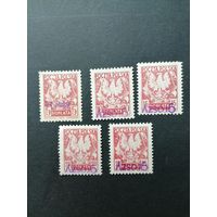 Польша 1950 Неполная серия PORTOMARKEN с надпечаткой "GROSZY" 1950 года Mi.Р114-Р118 "Доплатные марки" (чистые**) Mi.135-139 каталог 8.00 евро