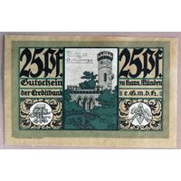 Германия, нотгельды, 25 пфеннигов 1921 год, Мюнден, 577.1, В1, Герб и холм Тилли