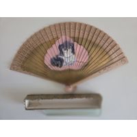 Антикварный Японский Складной Веер (Сэнсу). Ручная Роспись: Собака. Резное Дерево. Оригинальная Коробка.