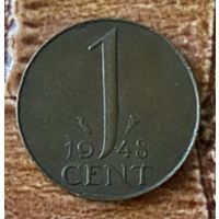 Монета 1 цент 1948 год. Нидерланды. Королева Вильгельмина.
