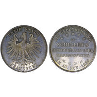 Талер 1859 г. 100 лет со дня рождения Фридриха Шиллера. Франкфурт. Серебро. КМ# 359