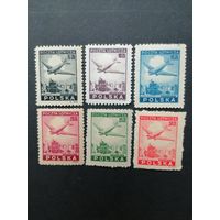 Польша 1946 Полная серия марок "Авиапочта: самолет над Варшавой" (чистая*, есть наклейки) Mi.428-433 каталог 17.00 евро