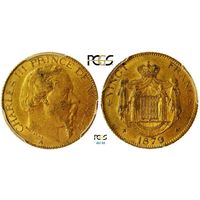 20 франков 1879 г. Карл III (1856-1889). Монако. PCGS AU 55. Золото. Редкие. KM# 98