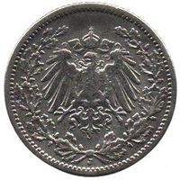 ГЕРМАНСКАЯ ИМПЕРИЯ. 1/2 МАРКИ 1905 J. Серебро