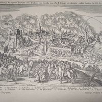 Взятие города Бауцена 17век. Гравюра энциклопедическая. Спб. 19век.28х20см.