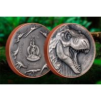 Монета 10 вату Вануату 2021. Тираннозавр Рекс. Динозавры Antique Finish. СЕРЕБРО-МЕДЬ