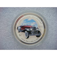 2 доллара 2006. Острова Кука. 1936 Duesenberg SSJ. Автомобиль ретро. Королева Елизавета II. Серебро 999 пробы. Вес 31,5 (1 унция).