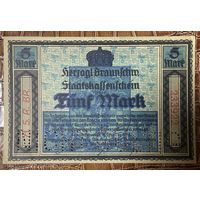 Банкнота 5 марок 1918 год. Герцогства Брауншвейг-Люнебург. Веймарская республика