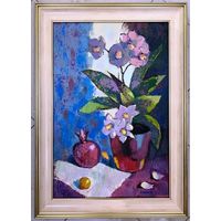 Барсуков Д.В "Натюрморт с орхидеями и гранатом", 2022г. Холст, масло. Размер 60х40 см.