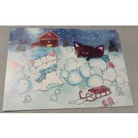 Посткроссинг. Открытка котята и снежки, худ.Анастасия Ерёмина (10х15). Прошла почту. Художественные марки, чёткий штемпель.