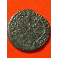 Солид (боратинка) 1661 г. польский герб, Ян II Казимир. Маленькая голова, ночная цапля слева, отметка МД- "TLB",; без мц.