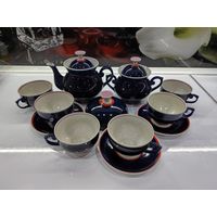 С 1 рубля!!! Сервиз антикварный/винтажный чайный, фарфор, крытье кобальтом,СССР. Нет тарелочки под масленицу. 1 тарелка-трещина. Скол на чашке.