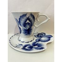 АУКЦИОН не с рубля без МПЦ. Чайная пара 275 см3 "Юбилейная". Живописная работа кобальтом.  ДФЗ
