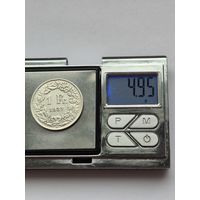 1 франк 1937 года. Швейцария, Швейцарская конфедерация (1917 - 1967). Серебро 835. Монета не чищена. H45621.