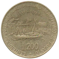 Итальянская Республика (Италия). 200 лир 1989. 100 лет морской военной базе в Таранто. Корабль. Парусник.