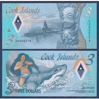 Острова Кука, 3 доллара 2021 г, P-W11 (AA, полимер, легенда об Ине и Акуле, номинация IBNS 2021), UNC