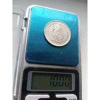 2 франка 1944г. Швейцария. XF, рельефная. Серебро 0.835. С рубля!