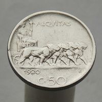Италия 50 чентезимо  1920 Гурт рубчатый
