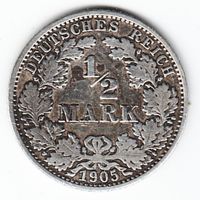 Германия 1/2 марки 1905 год А Ag _состояние VF