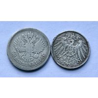 Монеты СЕРЕБРО 50 копеек 1896 год Николай ll и 1 марка 1914 год Германия