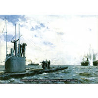 Почтовая карточка "Подводная лодка "Волк" останавливает германский пароход. Май 1916 года"