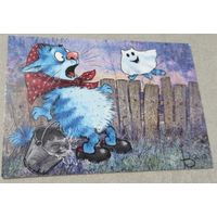 Посткроссинг. Открытка из Словакии: коты, худ.Рита Зинюк (10х15). Прошла почту. Художественные марки, чёткий штемпель.