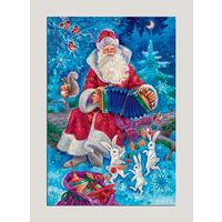 Открытка. Дед Мороз. С новым годом! Подарки. Зайцы. Зима. Музыка. Гармонь. Художник.Таня Сытая (чистая)