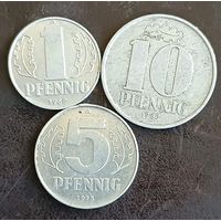 1 пфенниг 1968, 5 пфенниг 1975,  10 пфенниг 1965, ГДР