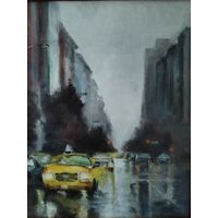 "Желтый свет сквозь пелену дождя". Холст, масло. 20x30 cм.