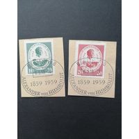 ГДР 1959 Полная серия марок на вырезках "100 лет со дня смерти Александра фон Гумбольдта" (спецгашение) Mi.674-675 каталог 2.50 евро