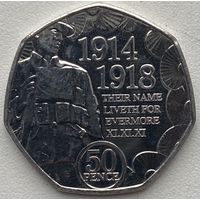 Остров Мэн 50 пенсов 2018 г. 100 лет окончанию Первой Мировой войны