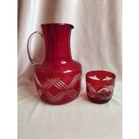 Кувшин Ромбы (объём 2л) и стакан (250 мл), рубиновое стекло. СССР
